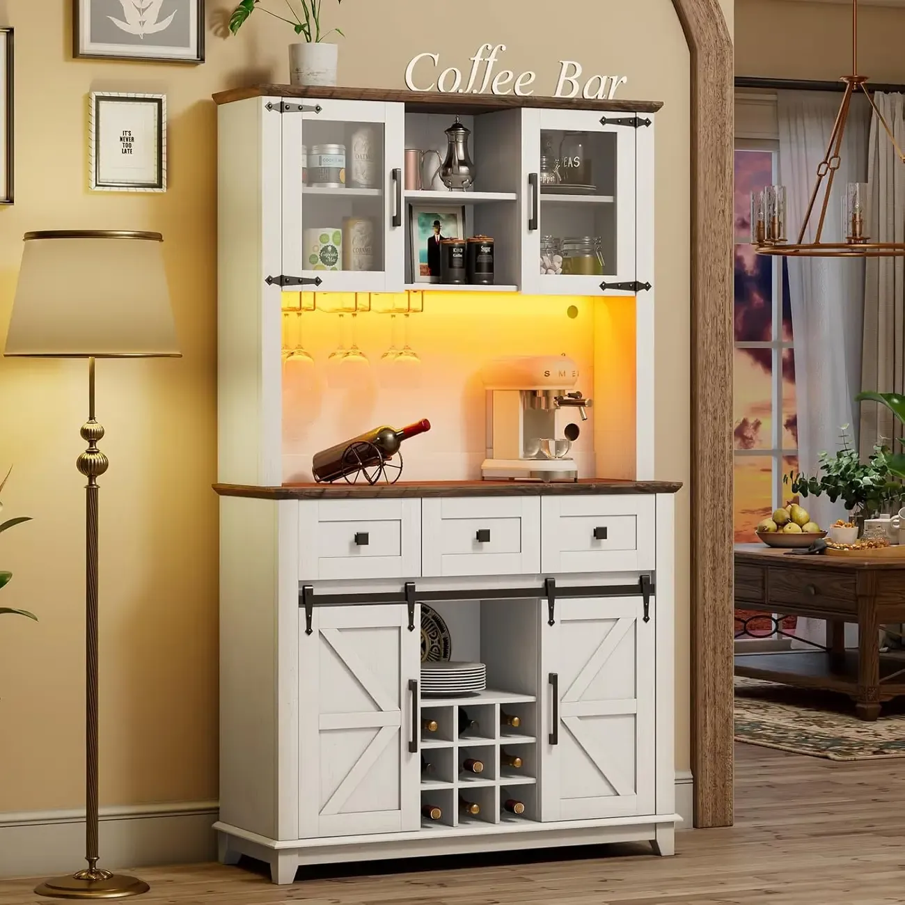 Led Lights Farmhouse Style Large Capacity Wine Cabinet