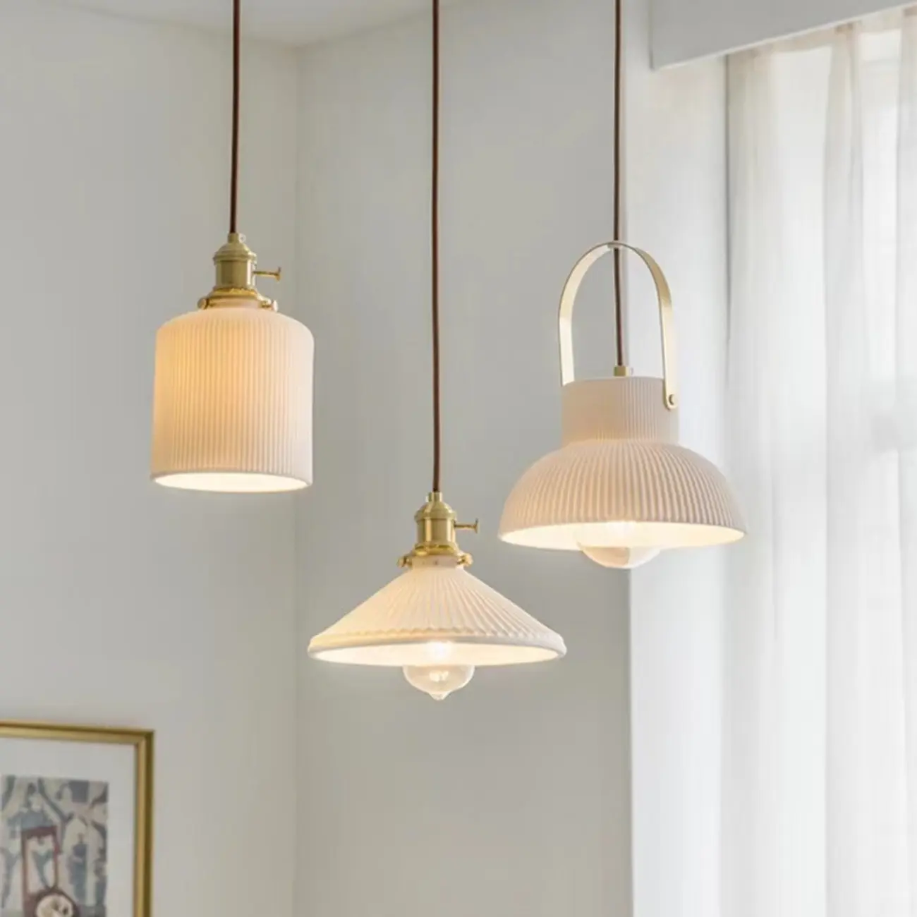 Modern Gold Metal Ribbed White Ceramic Pendant Light