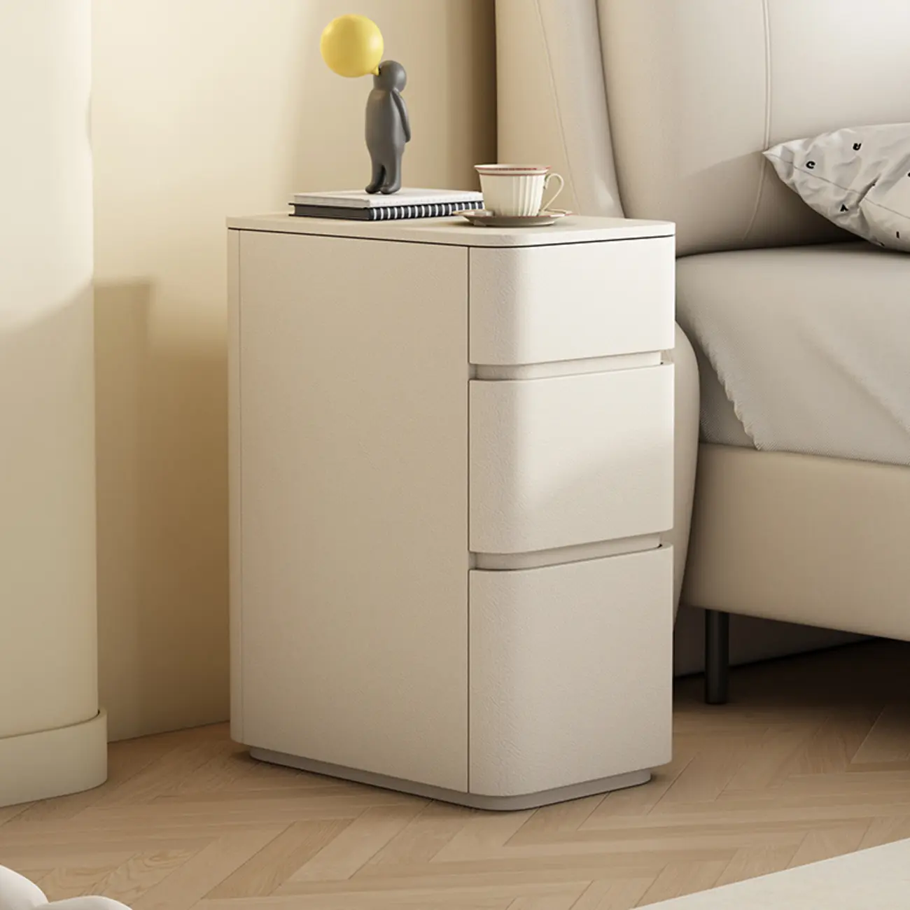 Narrow Leather Wood 3-Drawer Black Nightstand