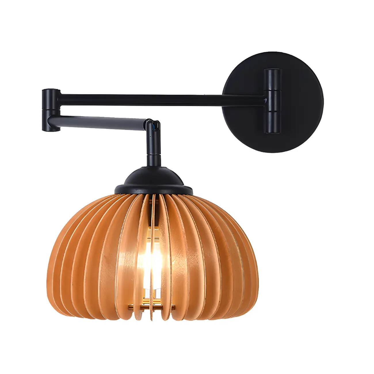 Black Metal Swing Arm Wall Light with Wood Shade