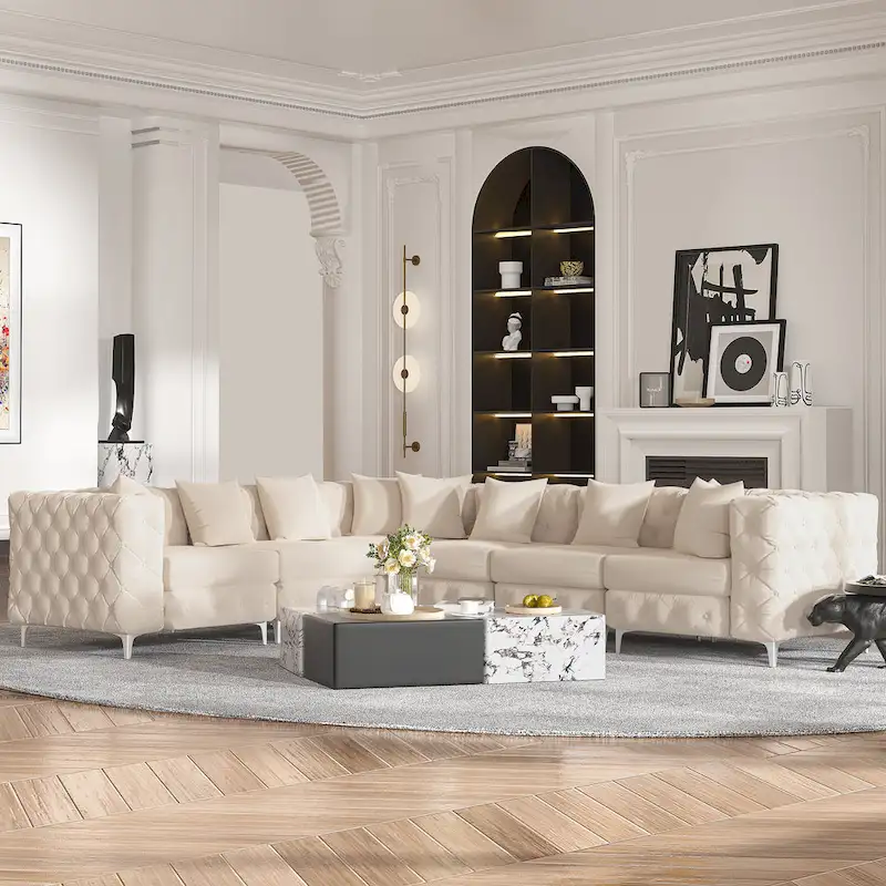 Large L-Shaped Modular Sofa, 6-Seat Velvet Sectional Couch