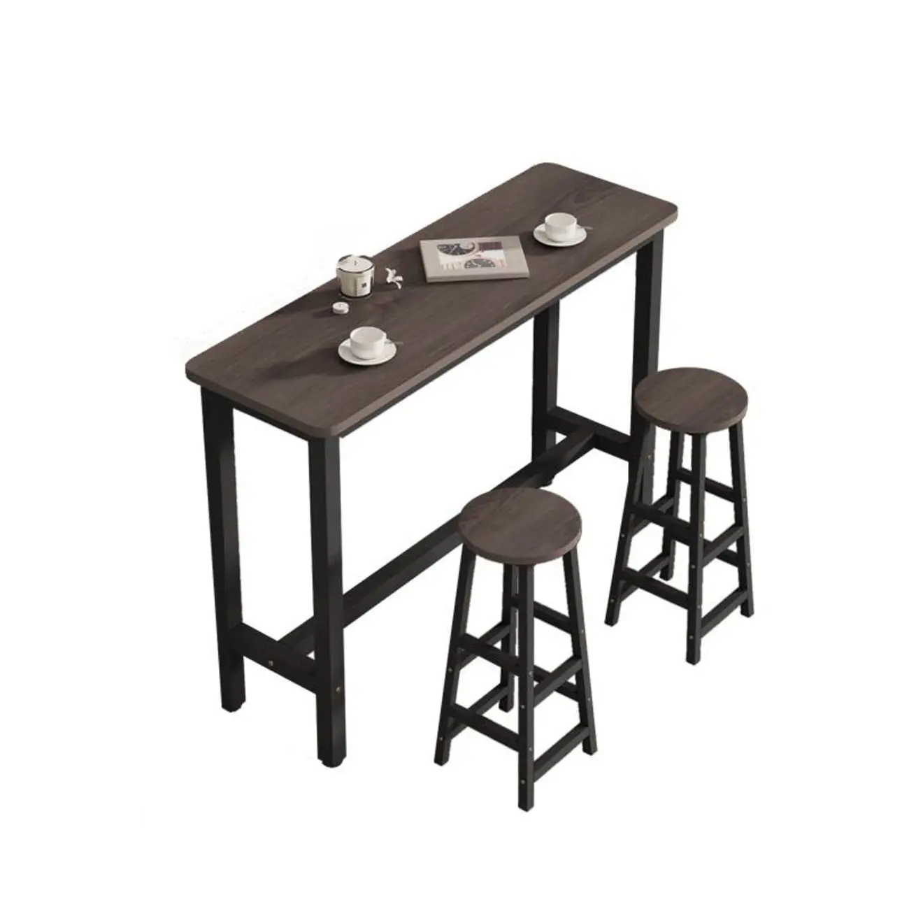 Simple Metal Leg Wooden Fixed Top Bar Table in Brown for Pub