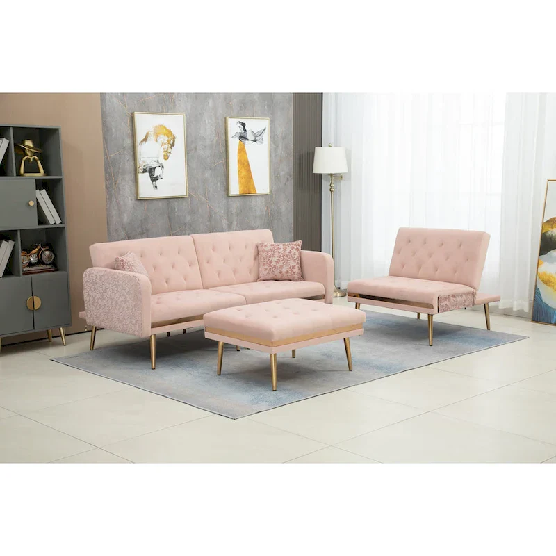 Polyester Upholstered Tufted Sleeper L-Shaped Sectional Sofa With Ottoman