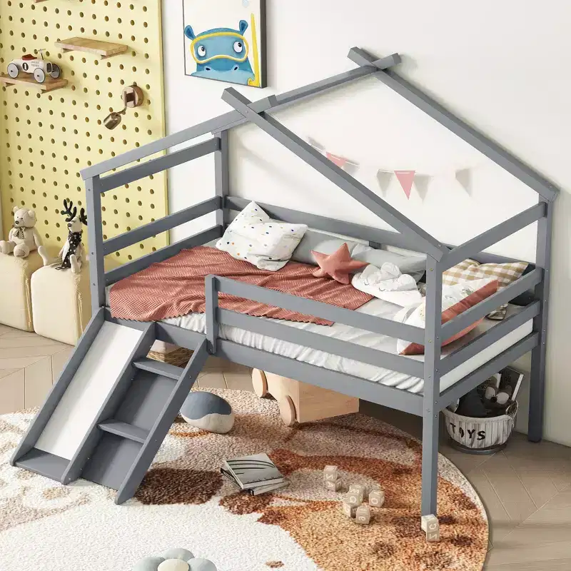 Whisen 81.7L x 67.6W Twin Low Loft House Bed with Slide, Ladder, Safety Guardrails, House Roof Frame