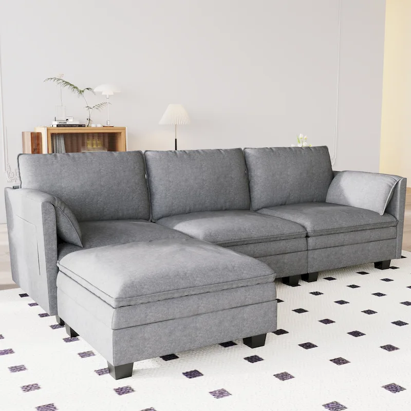 Christopher Knight Home - Noah Large 3-Seater L-Shaped Sofa with Movable Ottoman and Armrest Pockets, Fabric Upholstery