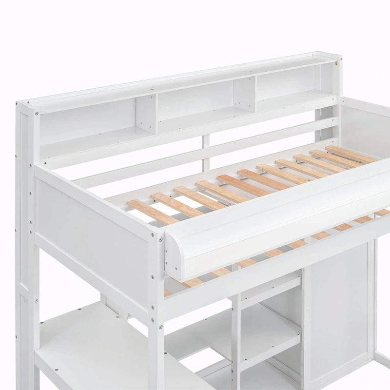 Wood Twin Size Loft Bed with Storage Shelves and Wardrobe