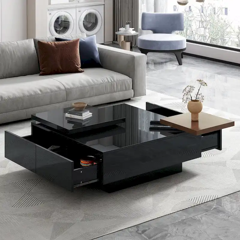 Modern Square Wood Coffee Table with Movable Top 4 Hidden Storage Drawers High Gloss MDF 31.5-40.9 Inch