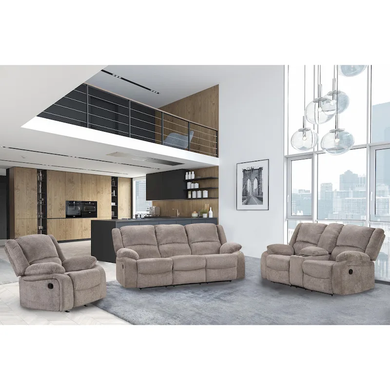 3-Piece Mocha Chenille Manual Reclining Sofa Set