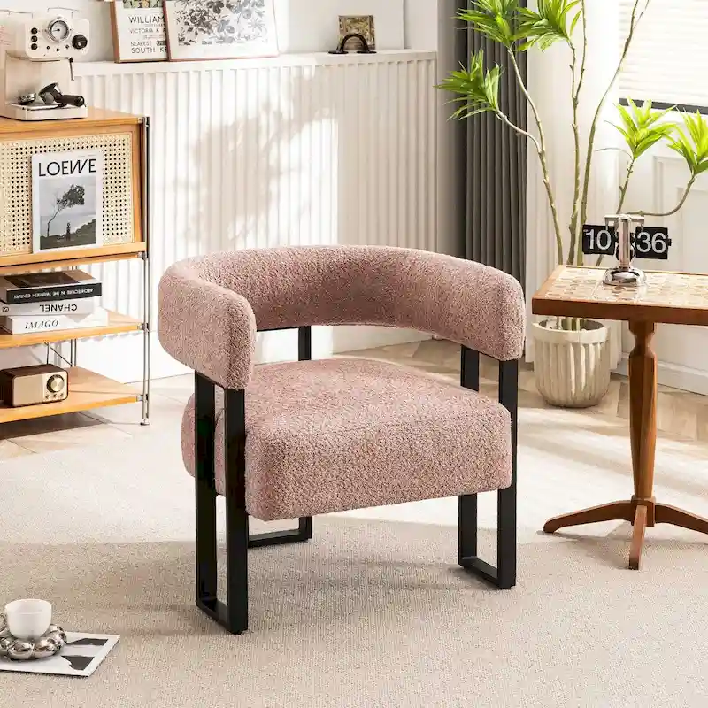 Upholstered Teddy Velvet Single Accent Chair Modern Corner Padded Boucle Armchair for Living Room Bedroom Lounge