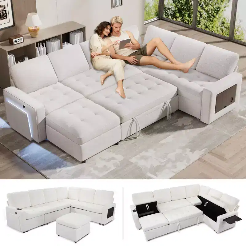 Dyonery 7-Seat L-Shaped Modular Sleeper Sofa Bed with Pull-Out Bed, Reclining Backrests/USB Ports/LED Light/Side Table & Ottoman, Chenille