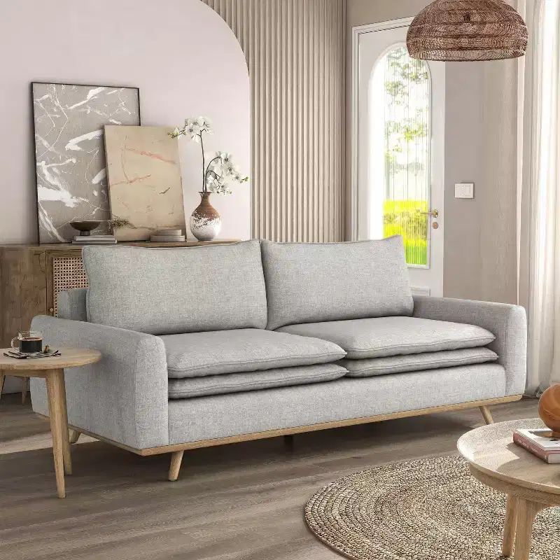HOMES: Inside + Out Gubera 82" Mid-Century Sofa Cotton Linen Blend Upholstery with Feather Blend Cushions