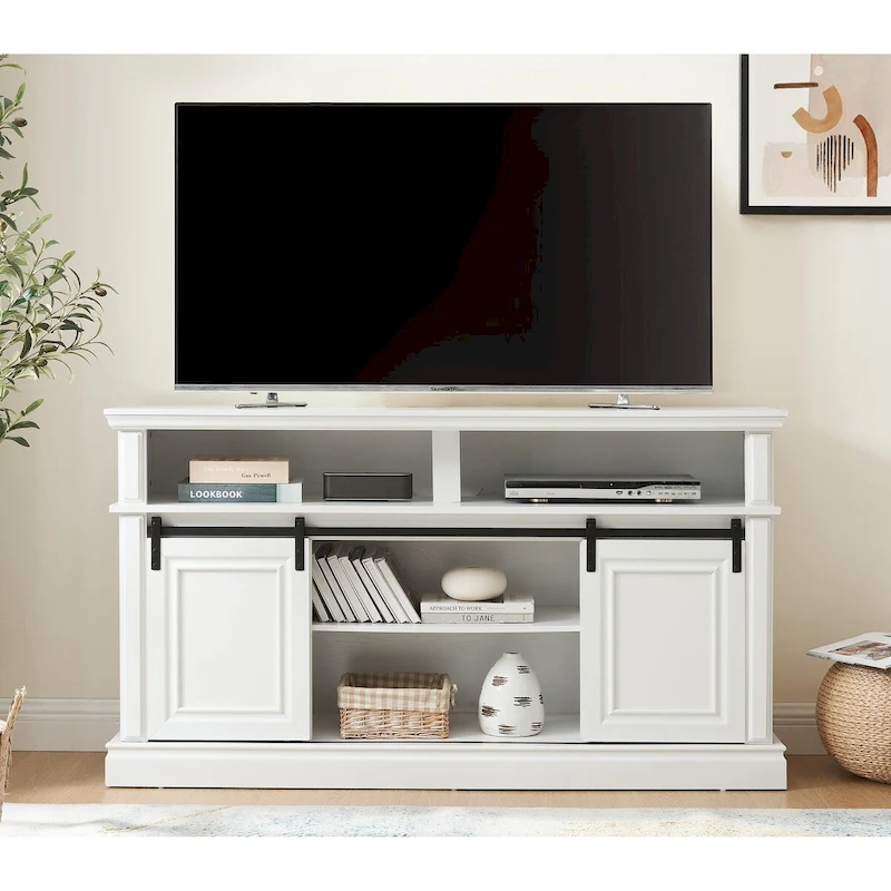 Media Console Table with Storage Cabinet, Mid Century style Entertainment TV Table, Multipurpose Sliding Door TV Cabinet