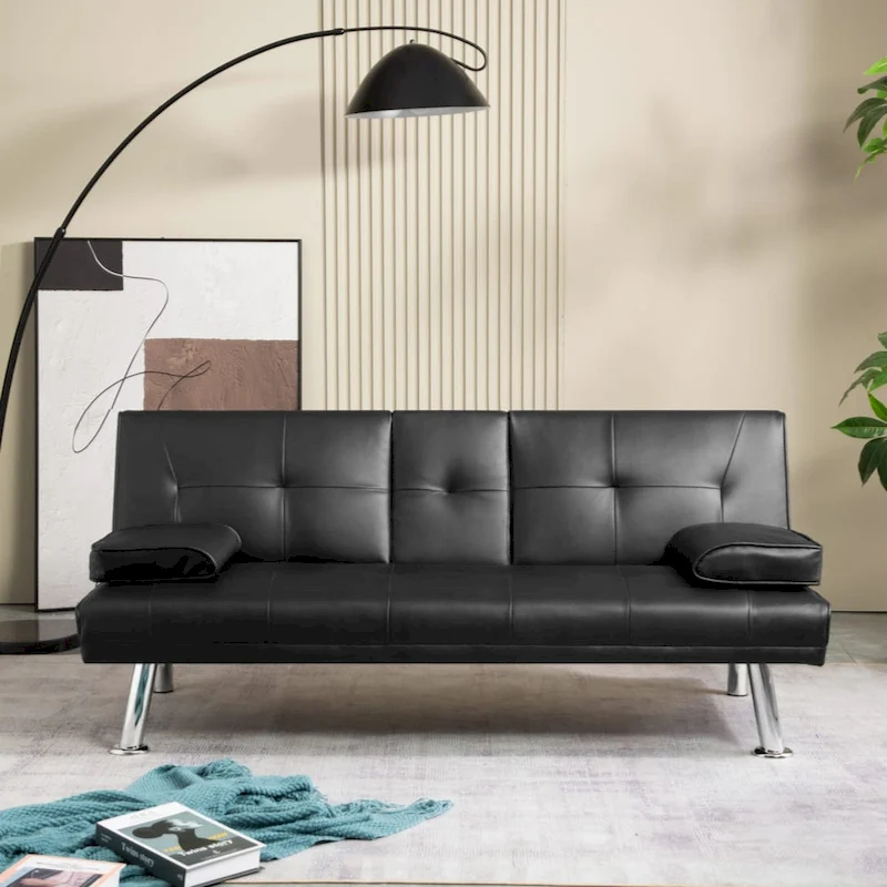 PU Upholstered Modern Convertible Folding Futon Sofa Bed Removable Armrests, Metal Legs, with 2 Cupholders