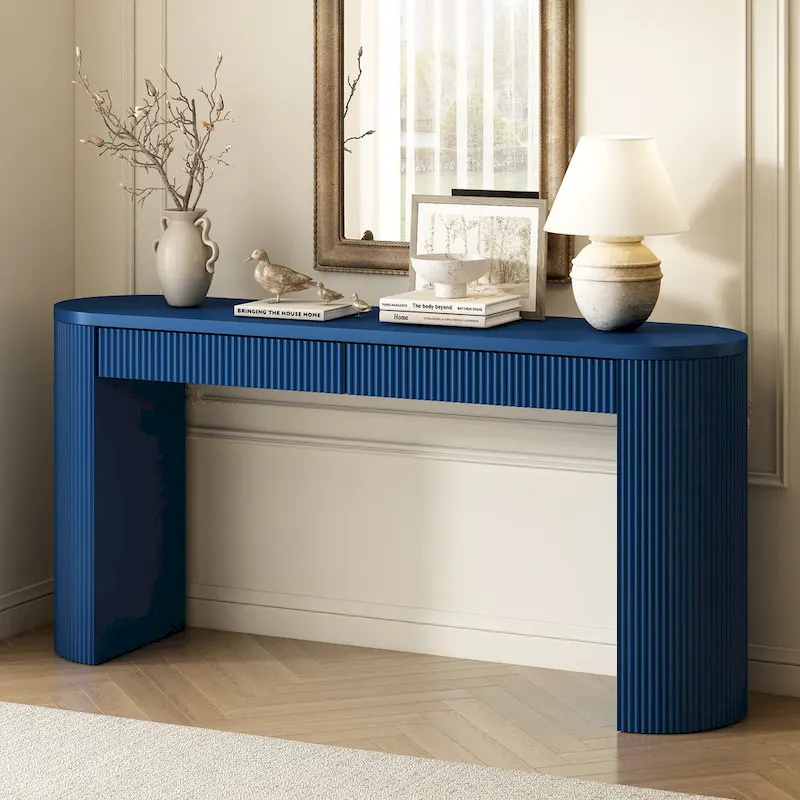 Modern Curved Console Table with Drawers, Long Sofa Side Table Narrow Entryway Table for Living Room Hallway