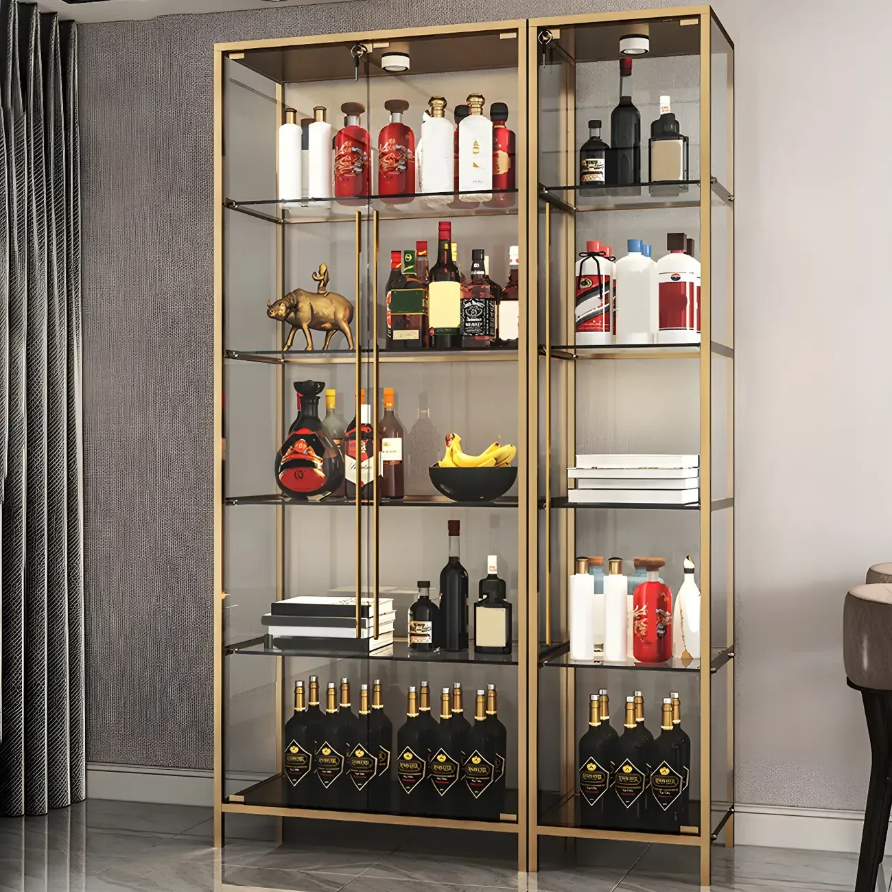 Modern Gold Glass Shelf Display Standard Curio Cabinet
