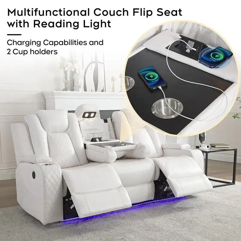 Power Reclining Sofa with Wireless Charger & LED Light – Faux Leather, Black