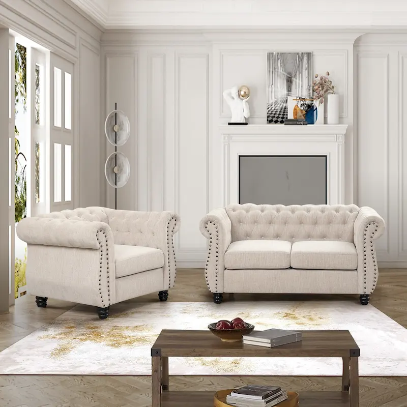Morden Fort Chair, Loveseat 2-pcs Set Tufted Upholstered Chesterfield Furniture Set