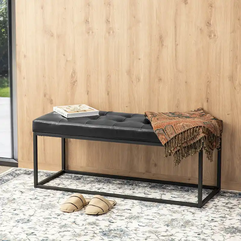 Glitzhome 45W Modern Black Tufted Upholstered Bench with Metal Frame Legs - 45W x 19H x 17.5D