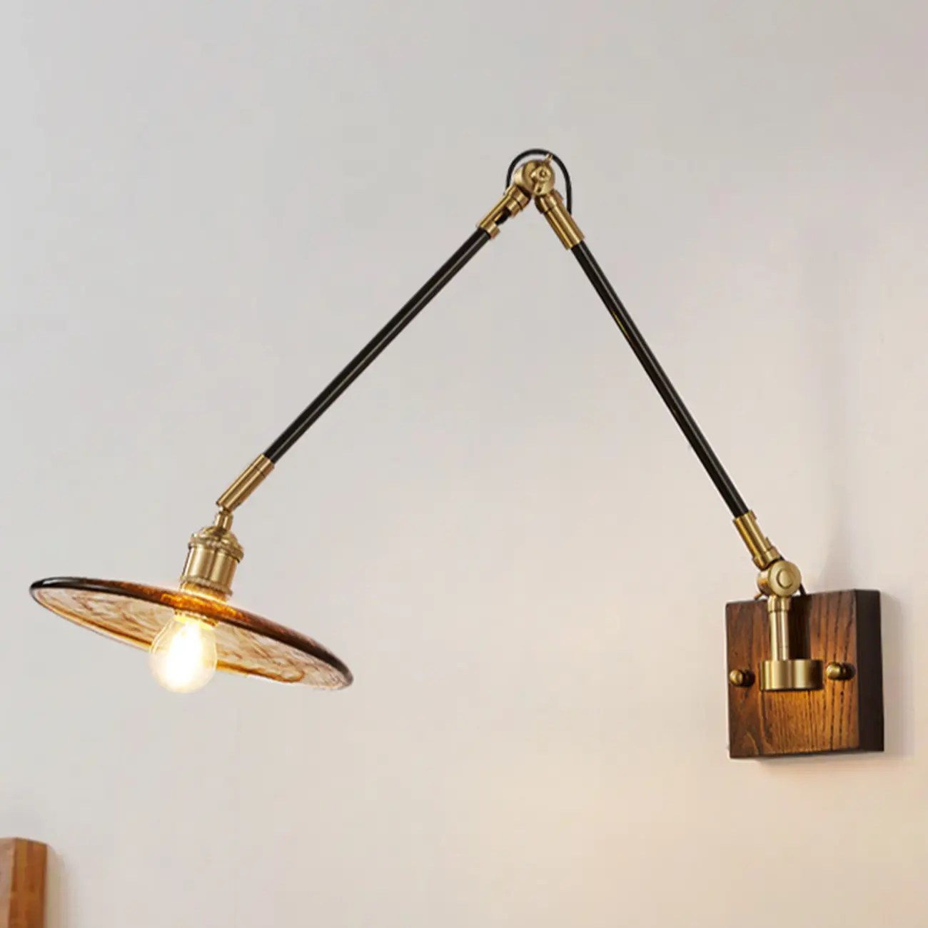 Industrial Amber Swing Arm LED Wall Sconce with Glass Shade