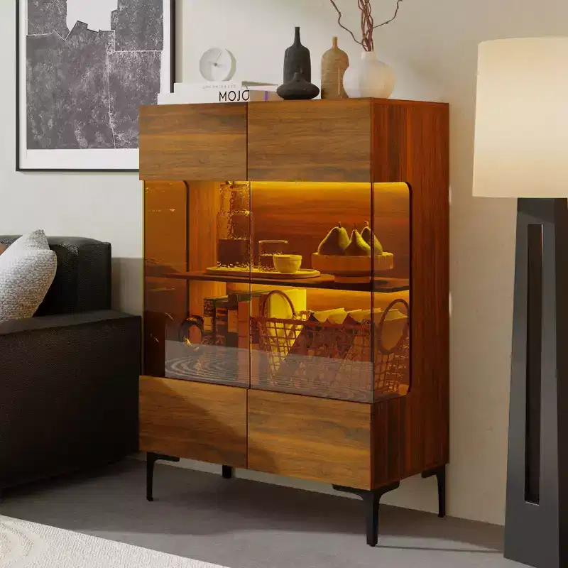 Walnut Wood Grain Display Cabinet with Glass Doors and LED Light, 1-Person