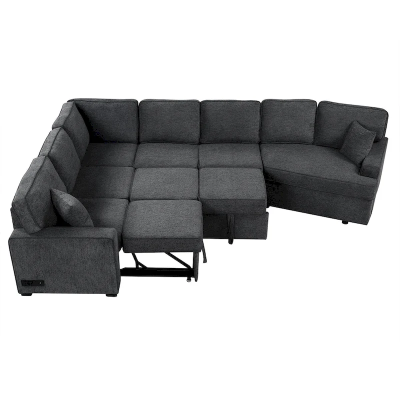 Black 126 L-Shaped 6-Seater Sofa with Pull-Out Bed and Cup Holders