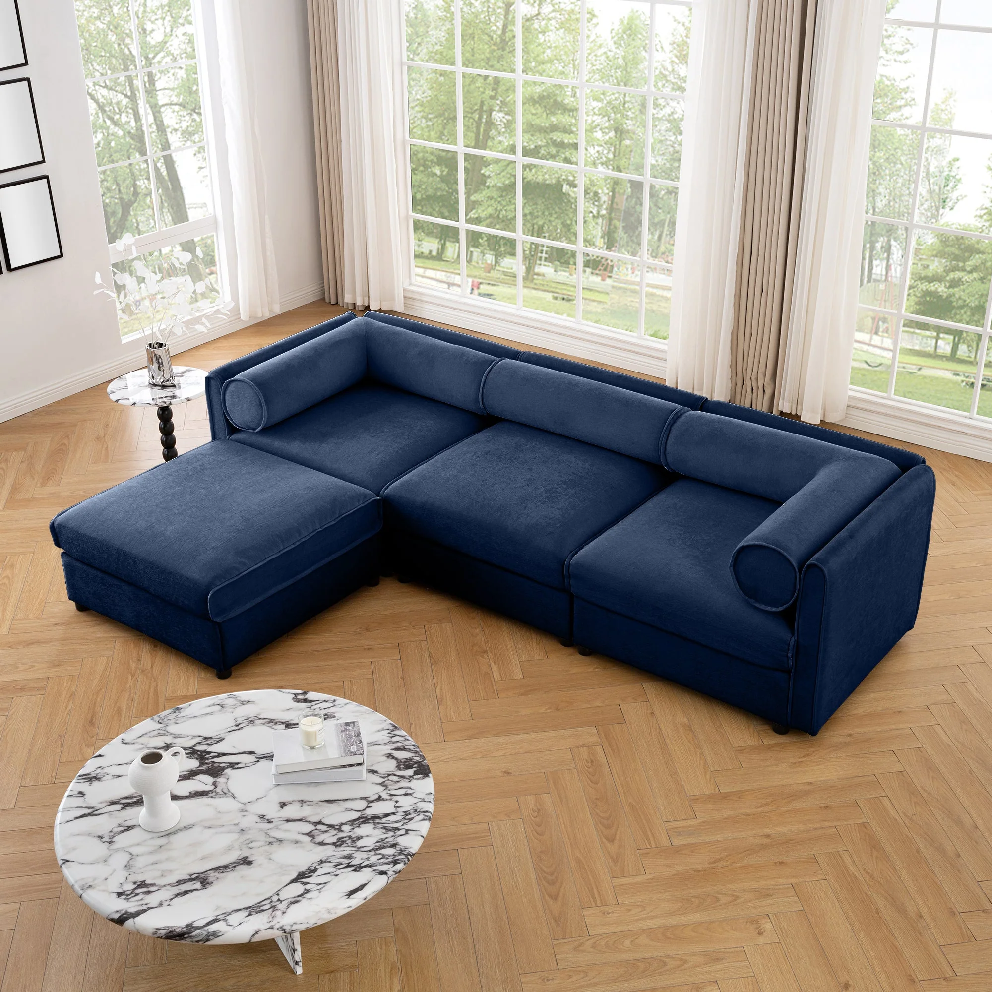 Walker Edison | Elegant L-Shaped Blue Chenille 3-Seater Sofa with Storage and Ottoman