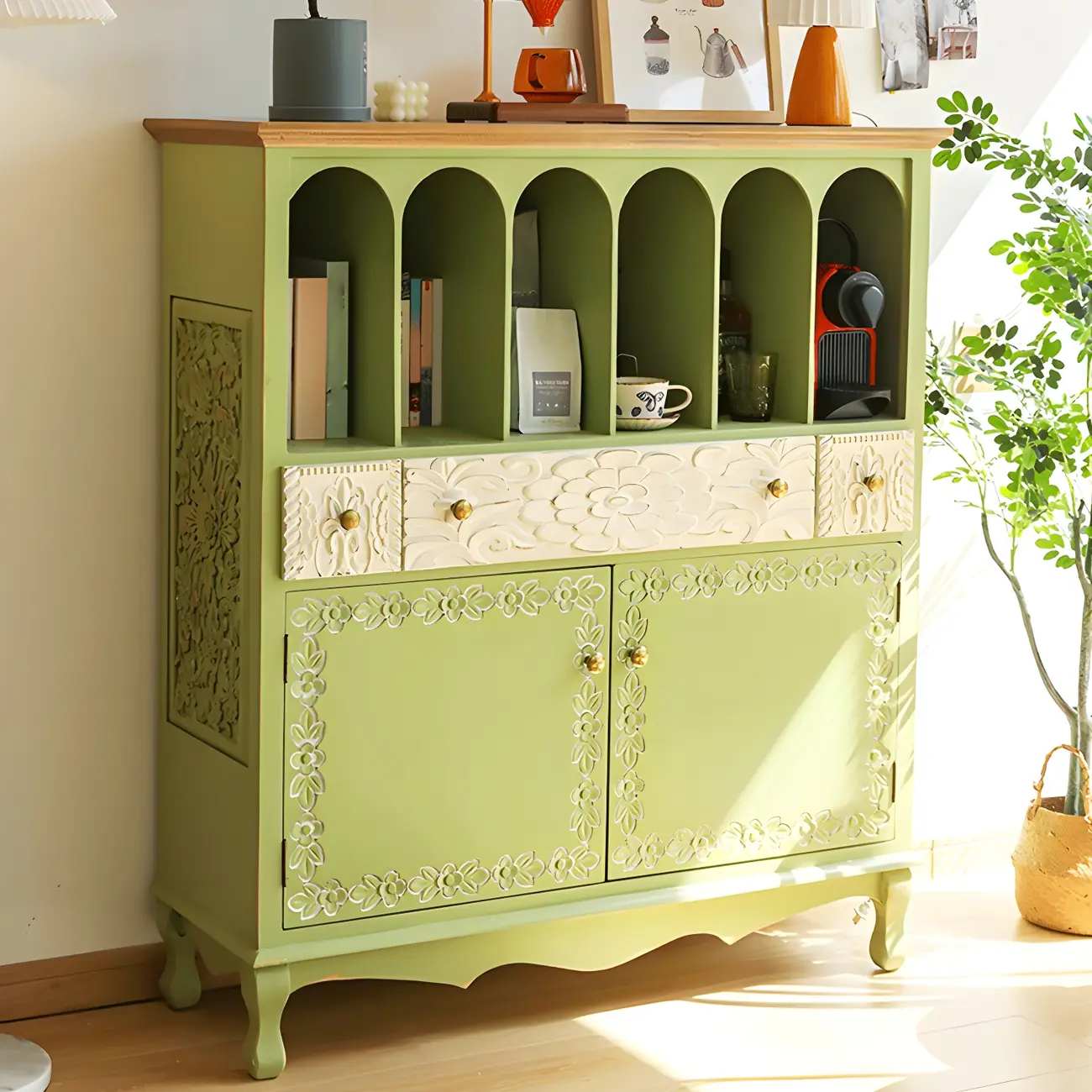 French Country Green Wooden China Cabinet with Storage