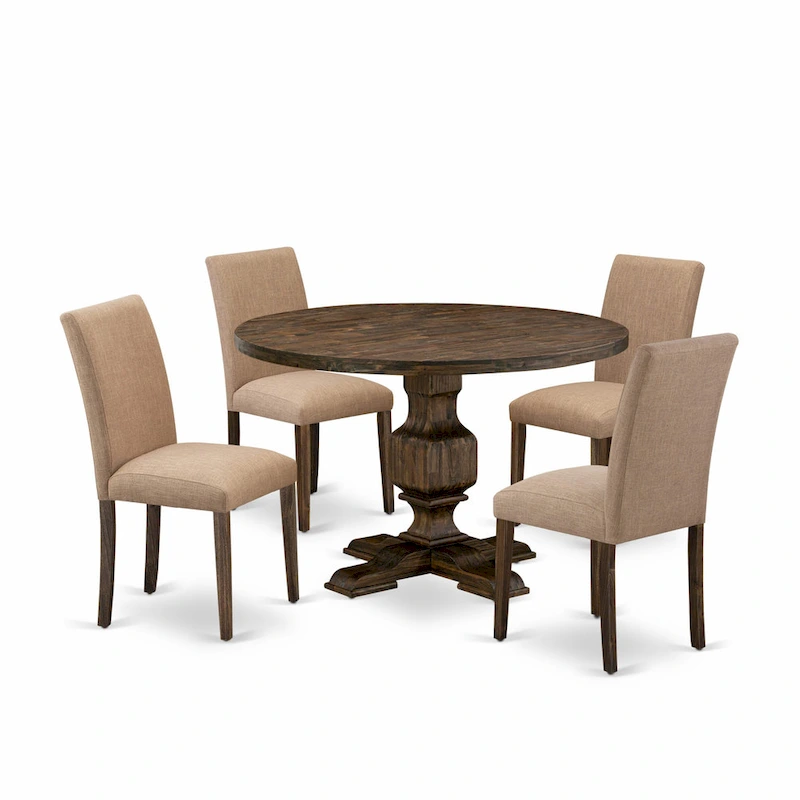 East West Furniture Dining Table Set- a Round Kitchen Table and Light Sable Parsons Chairs, Distressed Jacobean (Pieces Option)