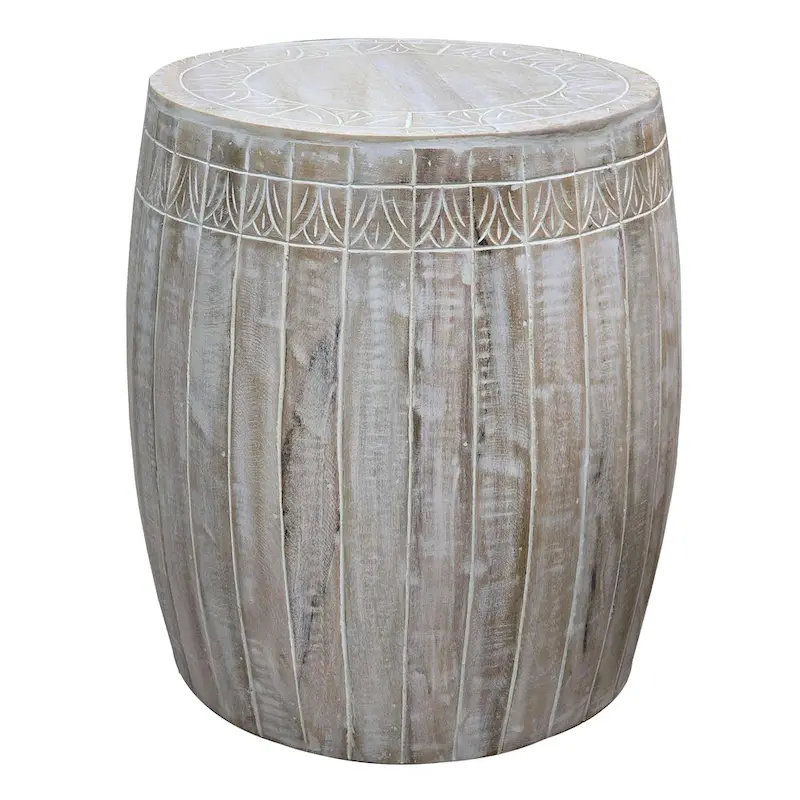 Side End Table with 16 Inch Round Top, In Antique White Mango Wood