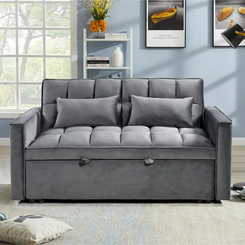 Modern Velvet Loveseat Futon Sofa Couch Pullout Bed, Small Love Seat Lounge Sofa w/Reclining Backrest, Toss Pillows, Pockets