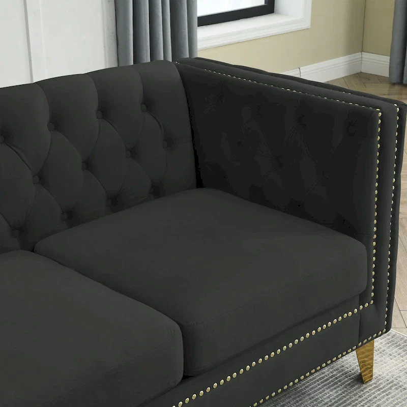 Black Velvet Chesterfield 5-Seater L-Shaped Sectional Sofa