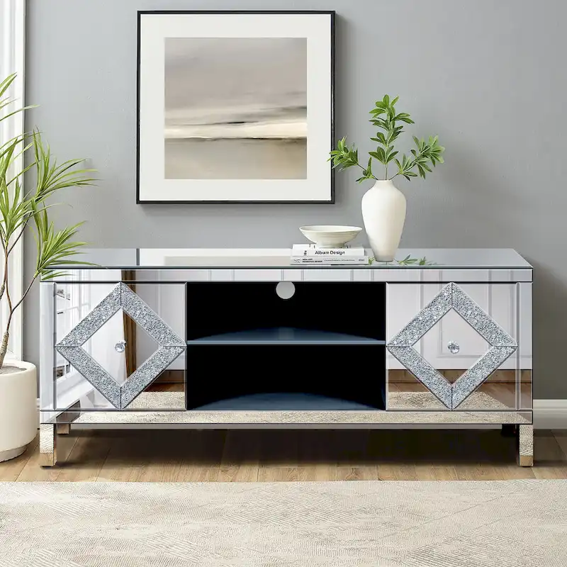 59 TV Stand with Diamond-Shaped Mirror Doors and Storage for TVs Up to 65