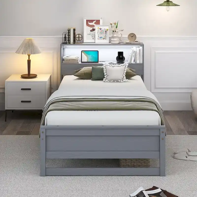 Single Wooden Bed Frame (with Charging Station and LED Lights)