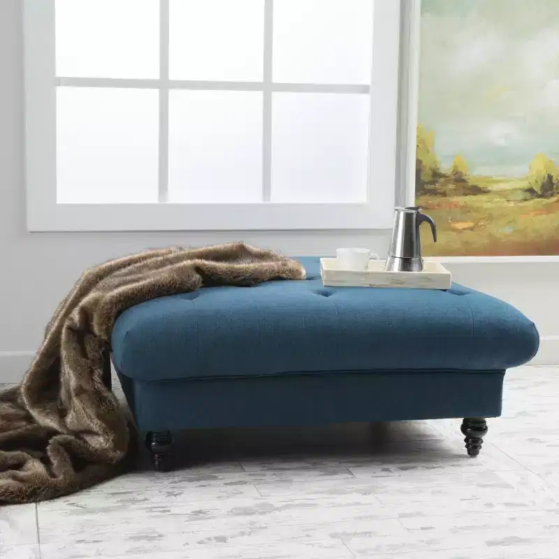 GDFStudio Piper Contemporary Button-Tufted Square Ottoman with Diamond Stitch and Birch Legs