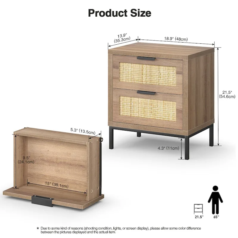 Anmytek Farmhouse 2-Drawer Nightstand Wood Rattan Bedside Table for Bedroom