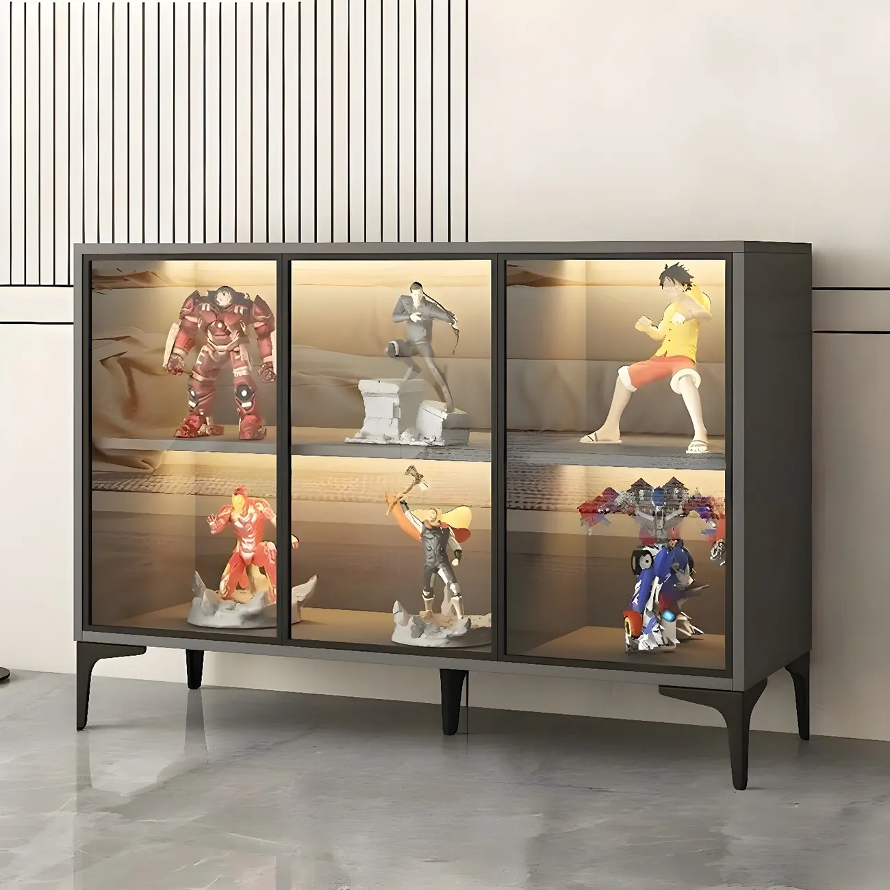 Freestanding Black Tempered Glass Wood Display Cabinet