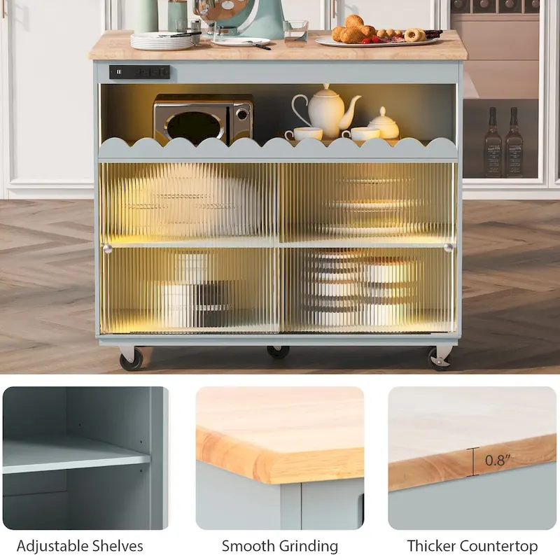 44 in. W Kitchen Island Rubberwood Drop-Leaf Countertop on 5 Wheels with Open Shelf and Wine Rack - 44