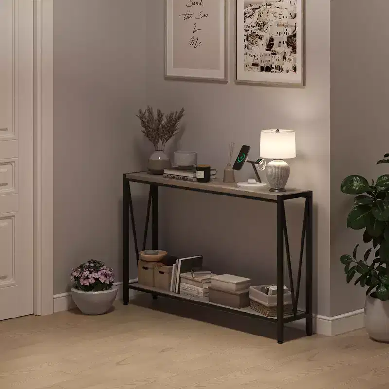 2-Tier Narrow Console Sofa Side Table, Premium Entryway Furniture, 42.9 x 9.8 x 29.9 (Gray )