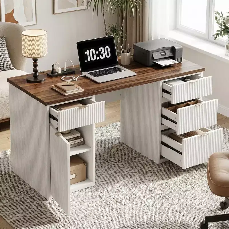 Fluted Wooden Home Office Desk with Drawers — White / Wood Color, Single Person