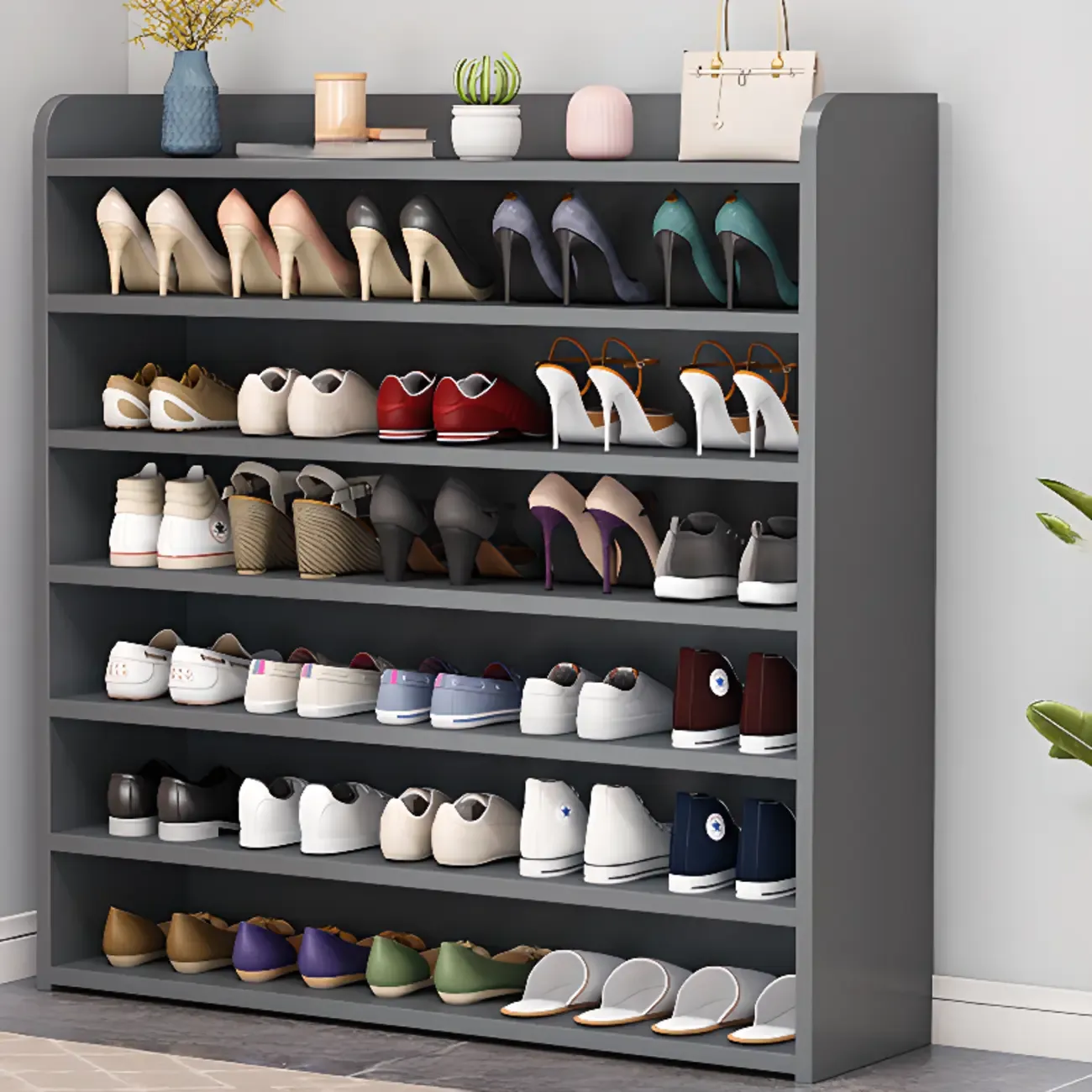 Vertical White Wooden Hallway 6-Tier Open Shoe Rack