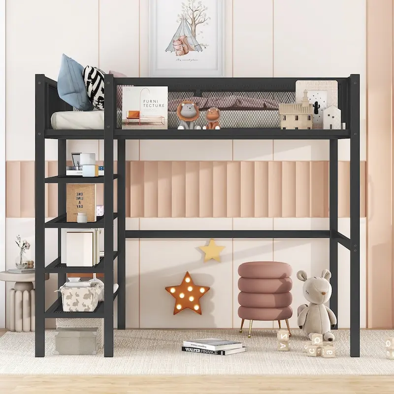 Twin Size Metal Loft Bed with 4-Tier Shelves and Storage