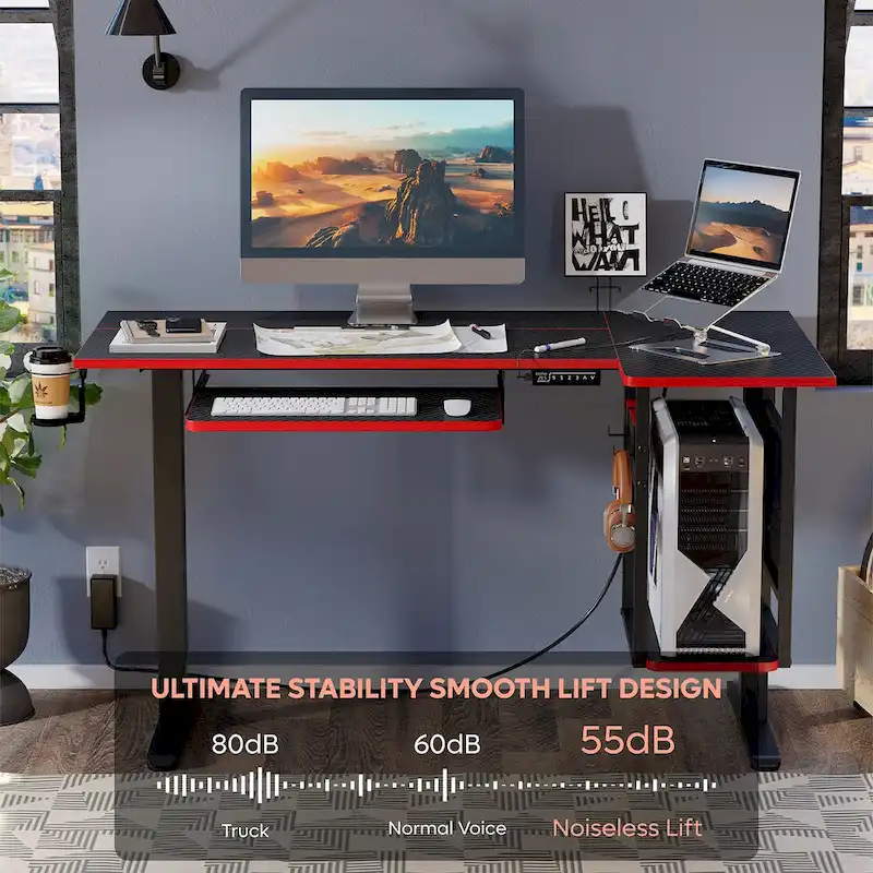 57 inch Electric Standing Desk Adjustable Height L Shaped Desk with Keyboard Tray and Host Shelf
