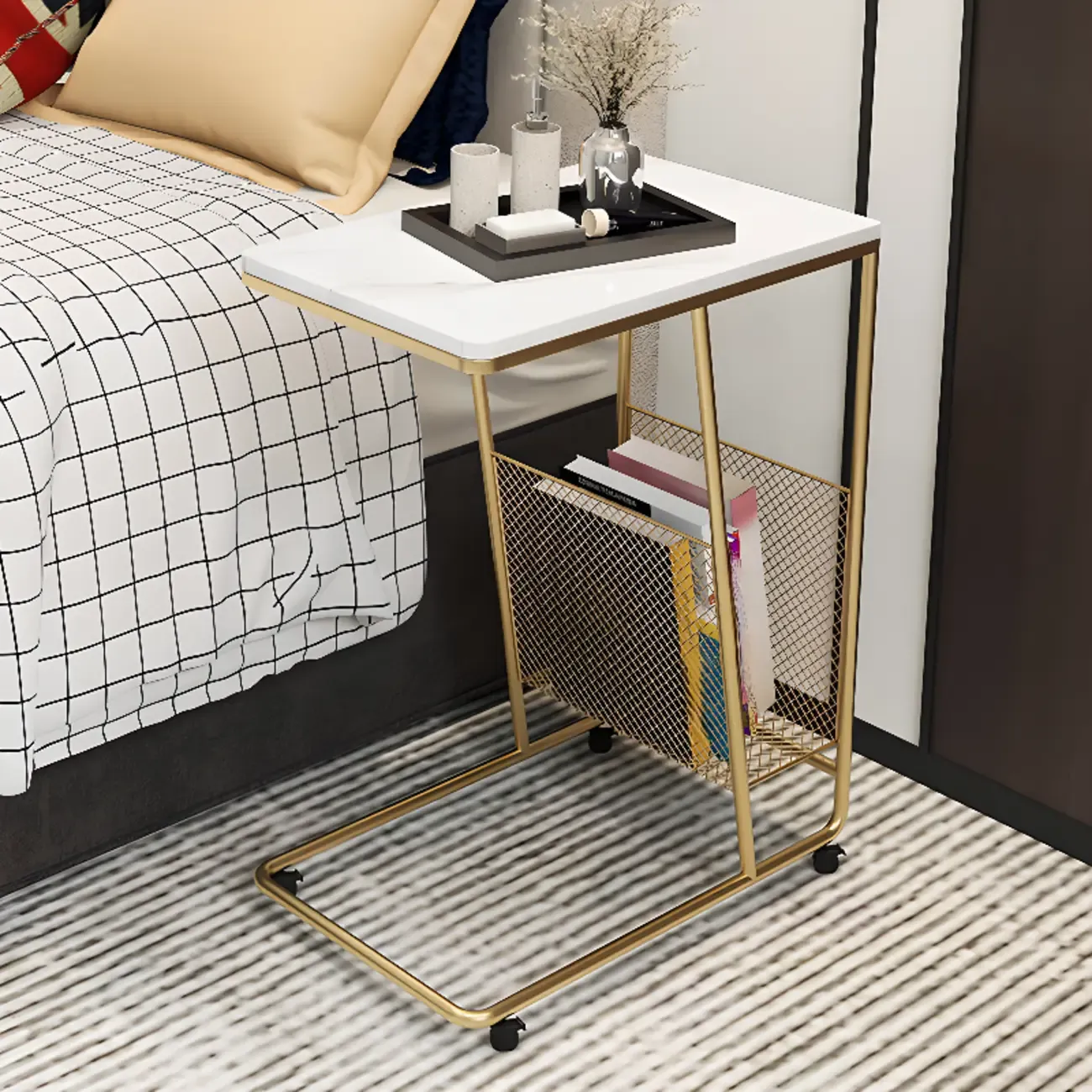 Metal C-Shaped Marble Top End Table with Magazine Rack