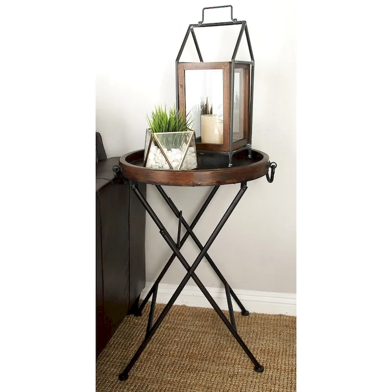 Metal Accent Table with Brown Wood Top - Black - Roche River Decor - 20 W x 20 L x 28 H