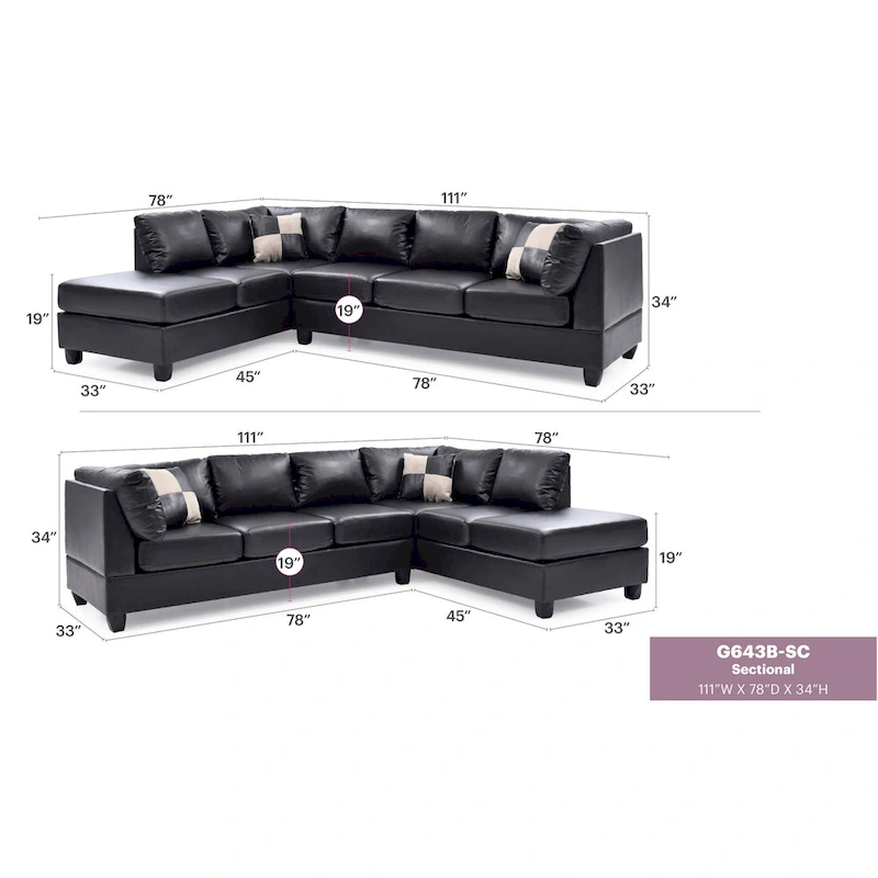 Malone 111 in. Faux Leather 4-Seater Sectional Sofa with 2-Throw Pillow - 111 L x 78 W x 34 H