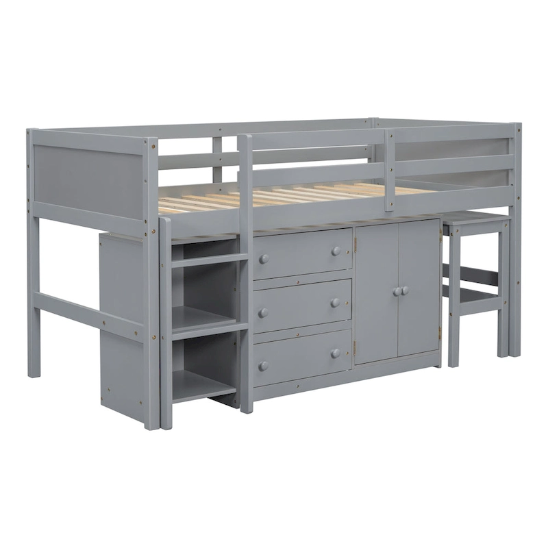 Grey Twin Wood Low Loft Bed with Pull-Out Desk & Drawers