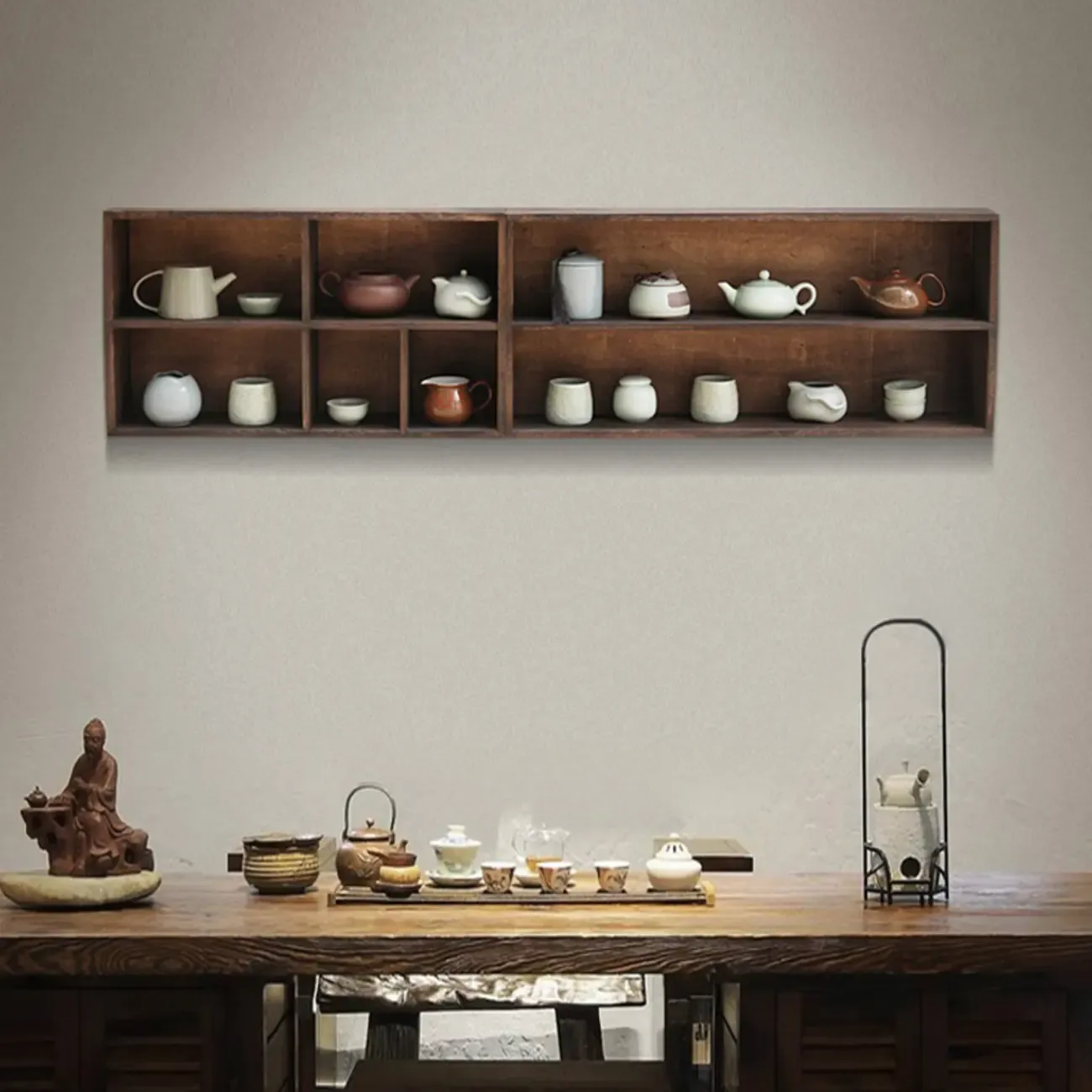 Traditional Long Brown Wood Wall Mount Open Display Cabinet