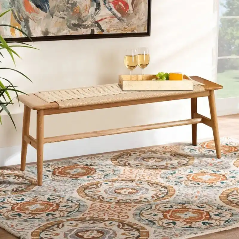 Boho Style Indoor Solid Oak Wood Bench with Woven Rope Seat and Mortise Tenon Joint for Entryway Bedroom Dining Room