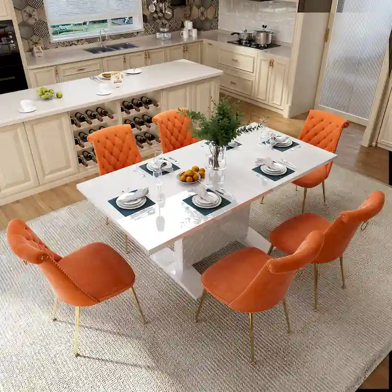 7-Piece Clihome High-gloss Extendable Table Velvet Chair Dining Set