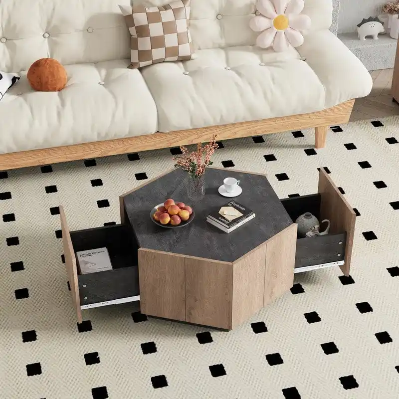 Hexagonal Garden Retro Coffee Table with 2 Drawers